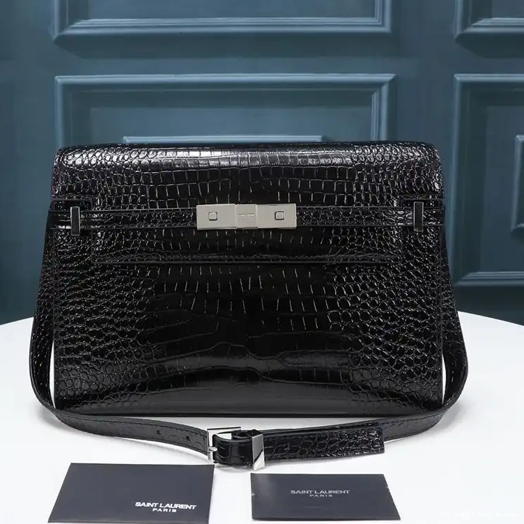 Cheap Shiny Silver Bag Laurent Saint Shoulder Manhattan Black Crocodile-Embossed Leather In 0215