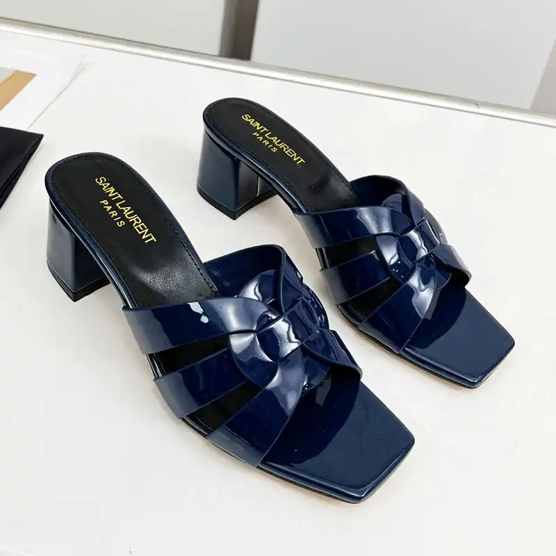 Cheap Saint Laurent Tribute Heeled Slides Women Patent Leather Navy Blue 0206