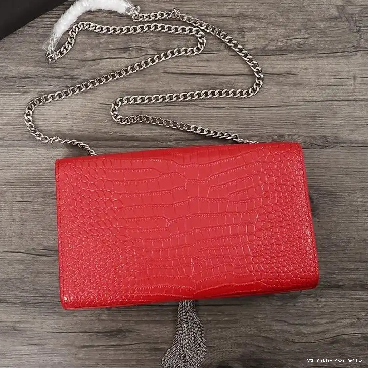 Cheap Red with Saint Laurent In Shiny Leather Silver Embossed Crocodile Chain Kate Medium Bag Tassel 0212